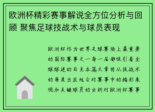 欧洲杯精彩赛事解说全方位分析与回顾 聚焦足球技战术与球员表现