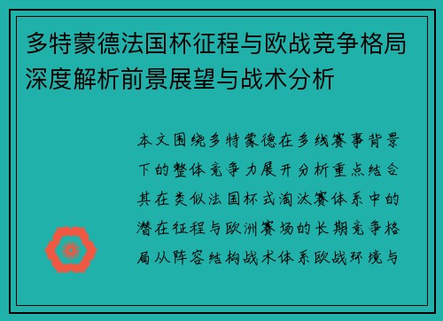 多特蒙德法国杯征程与欧战竞争格局深度解析前景展望与战术分析